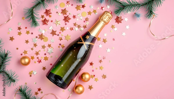 Obraz Champagne bottle with christmas decoration from confetti stars, golden balls and party streamers on pink background. Flat lay style.  , with white tonespng