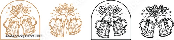 Fototapeta set of  Two toasting beer mugs cheers vector, engraving sketch ink poster black illustration etching style tattoo, logo Beer, Cheers, Mugs, Mug, Toasting, Toast, Cheer, Oktoberfest, Two