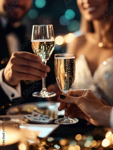 Obraz Glamorous casino party with elegantly dressed guests enjoying champagne and high stakes games in luxurious surroundings at night