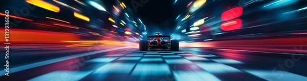 Obraz Formula 1 motorsport race car driver at high speed performance motion blur speed racing track with finish checker flag in vibrant red colors. Generative AI

