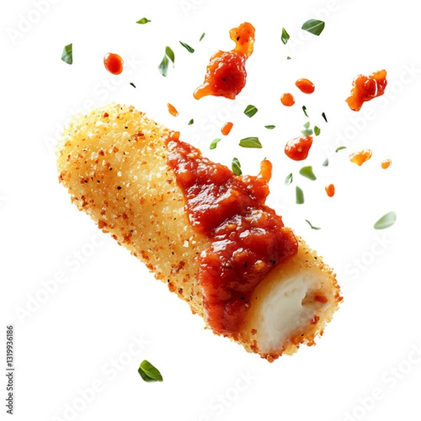 Fototapeta A Cheesy Mozzarella Stick with Marinara Sauce Isolated on Transparent Background