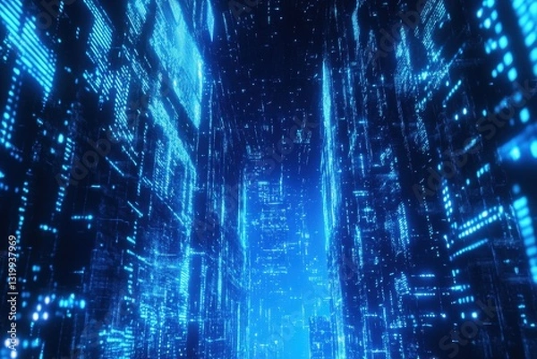Fototapeta Abstract Tech City With Matrix-Style Digital Lights / Cyber City Of Blue Data Streams. 