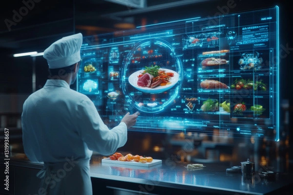 Fototapeta Culinary Visionary: A chef, immersed in a futuristic kitchen, interacts with a holographic display showcasing a gourmet dish, blending technology and gastronomy