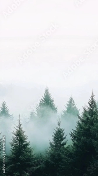 Fototapeta elegant nature wallpaper for smartphones featuring a misty forest with soft sunlight breaking through the trees