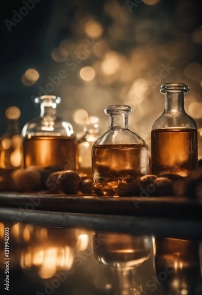 Fototapeta Aromatic olive oil bottles with wooden labels and glass containers on a rustic stone table , table, bottle,  table, bottle
