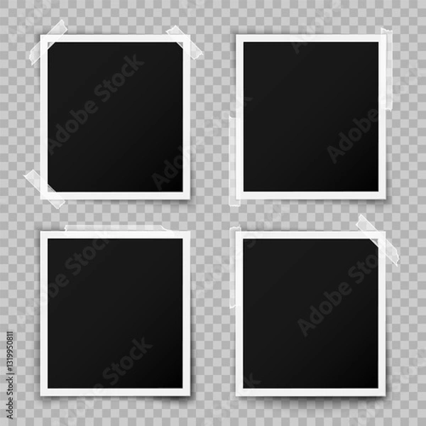 Fototapeta Collection of empty old photo frames with white borders and adhesive tape. Realistic vector mockup template isolated on transparent background, perfect for design projects, photo album or scrapbooking