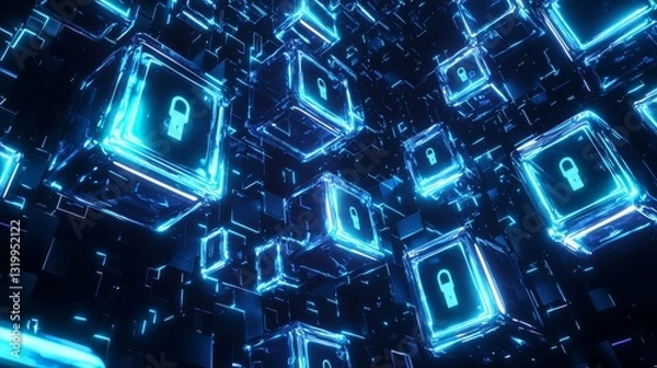 Fototapeta Digital protection layers symbolized by glowing blue shields, user private data encryption visualized as floating locks, dark cyber background, neon glow