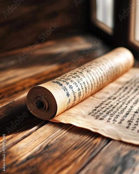 Fototapeta A rolled-up ancient scroll with delicate calligraphy placed on a wooden table, bathed in warm natural light, symbolizing history, wisdom, and tradition