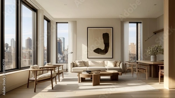 Fototapeta Japandi minimalist living room with neutral palette, large windows, wooden furniture, clean lines, soft textures, and framed abstract wall art