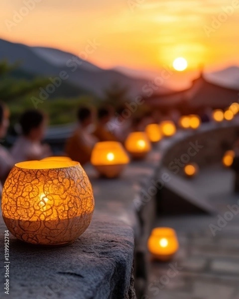 Obraz Glowing lanterns lined up on a stone wall at sunset, with a Buddhist temple in the background, creating a warm and serene atmosphere of peace and reflection