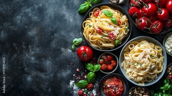Obraz Vibrant plates of pasta are artistically arranged, topped with fresh tomatoes and herbs, set against a dark backdrop. The scene captures the essence of Italian culinary art