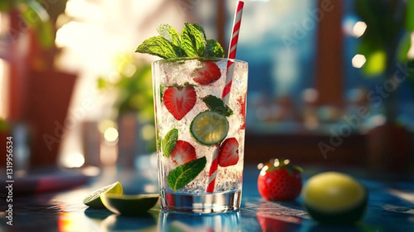 Fototapeta Strawberry mojito with ice and lime in glass. Cold summer cocktail.
