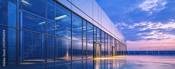 Fototapeta Modern Data Center Exterior at Dusk with Reflections and Colors