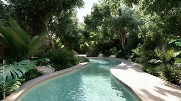 Fototapeta Serene Oasis: Crystal-clear water gently curves through a vibrant oasis, embraced by lush greenery and towering trees.