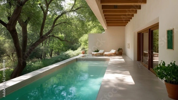 Obraz Serene Oasis: A modern residence features a refreshing pool, creating a tranquil and luxurious retreat nestled amidst the lush embrace of trees, where relaxation and comfort converge seamlessly.
