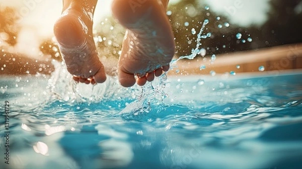 Fototapeta Person Jumping into Blue Swimming Pool, Splashes and Water Drops