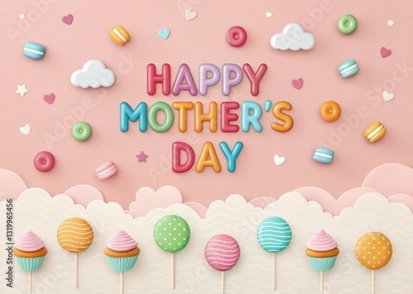 Fototapeta Happy Mother's Day greeting card with colorful treats and clouds