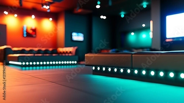 Fototapeta Modern lounge interior with colorful lighting, stylish seating, and ambient atmosphere