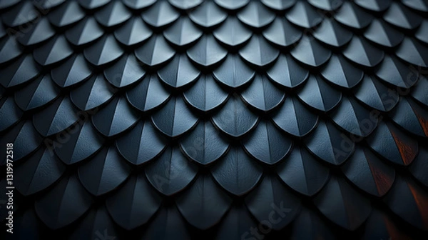 Fototapeta Dark Metallic Dragon Scales Texture with 3D Rendered Detail and Subtle Orange Glow in Background