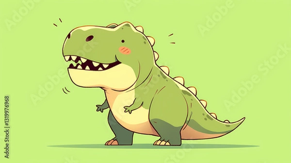 Fototapeta Cute cartoon dinosaur with a joyful expression standing against a bright green background
