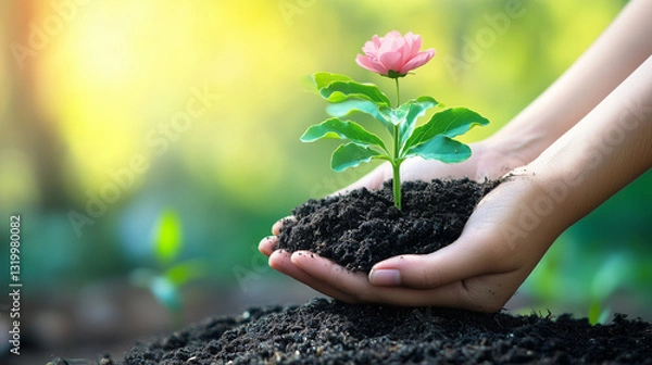 Obraz Plants growing in the palm of your hand, Generated AI