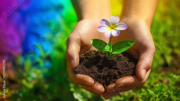 Obraz Plants growing in the palm of your hand, Generated AI