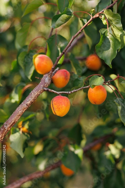 Fototapeta A close-up shot of ripe apricots hanging on a branch surrounded by vibrant green leaves
