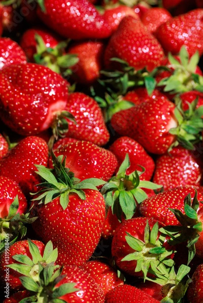 Fototapeta Numerous large strawberries in close-up, their bright red hue and plump shape perfect for summer dishes