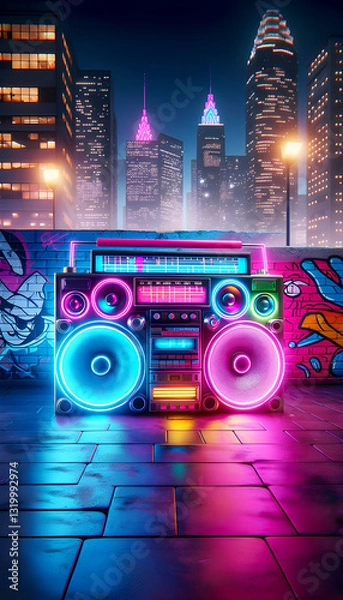 Fototapeta a neon-lit 80s boombox pulses energetically, bouncing to rhythmic beats, set against vibrant urban graffiti walls and lively night citylife, capturing retro vibes and dynamic street culture energy