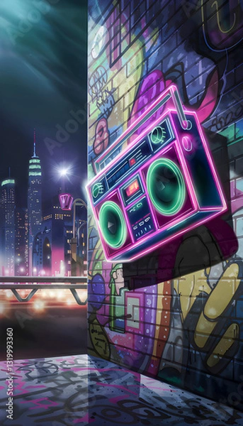 Fototapeta a neon 80s boombox pulses and bounces to the beat of the music, set against the backdrop of vibrant night city life and urban graffiti walls, capturing the essence of retro street culture
