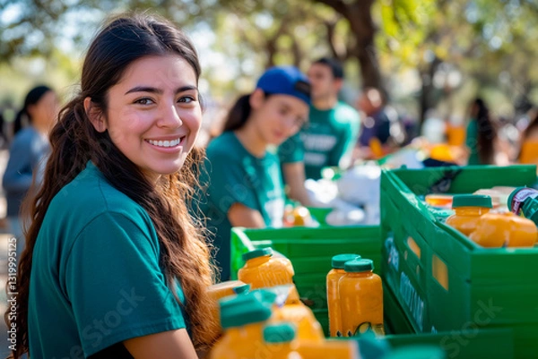 Obraz Latino volunteers distributing food and drinks in humanitarian aid program