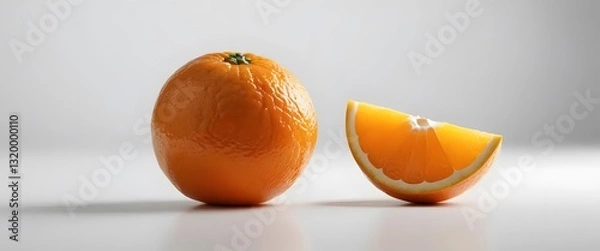 Fototapeta Photo A Bright Orange Orange Placed On A Clean White Surface With A White Background. The Lighting Is Soft And Even, Highlighting The Texture Of The Orange Peel.