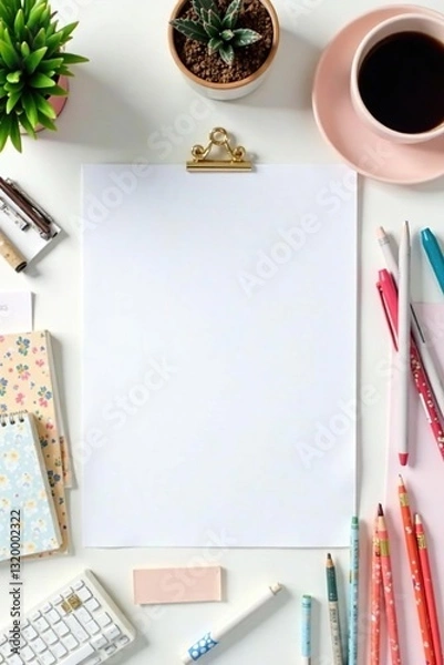 Fototapeta Organized desk setup with various writing tools & paper on white backdrop, desk, ruler