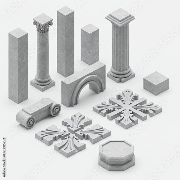 Fototapeta 3D Pillar and Clean Concrete Ornament Designs – Isometric Bird’s Eye View on White Background