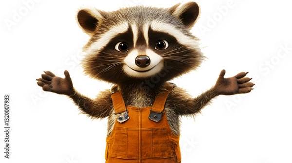 Fototapeta Animated Raccoon: An animated raccoon character with a welcoming pose. He is dressed in a cartoonish style, inviting and friendly. 