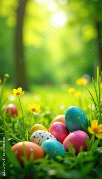 Fototapeta Panoramic view of diverse Easter eggs nestled in a sunlit meadow of bright green grass , easter design, panorama, choice