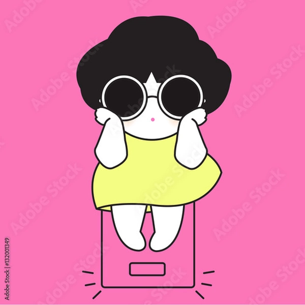 Obraz Worried Fat Girl On Scale Icon Character illustration