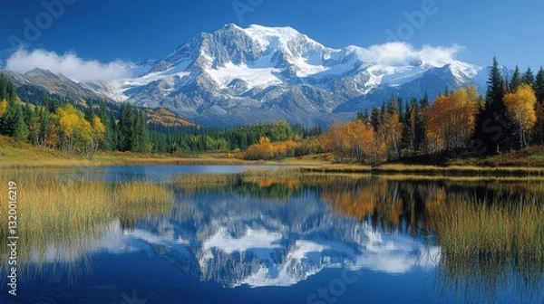 Fototapeta Snowy mountain reflects in clear lake water. Trees in autumn color surround the water on a bright sunny day. Blue sky overhead.
