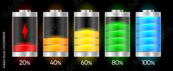 Fototapeta Battery Charge. Full and low power energy level. Recharge battery indicator. Vector illustration.