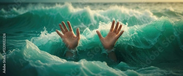 Fototapeta hands signaling for assistance, sinking into the ocean