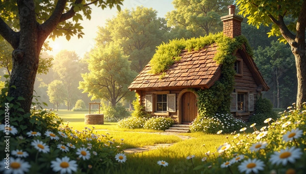 Obraz Cozy cottage in idyllic forest clearing with daisies