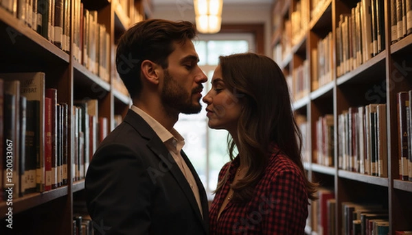 Fototapeta Romantic couple embracing in library between bookshelves