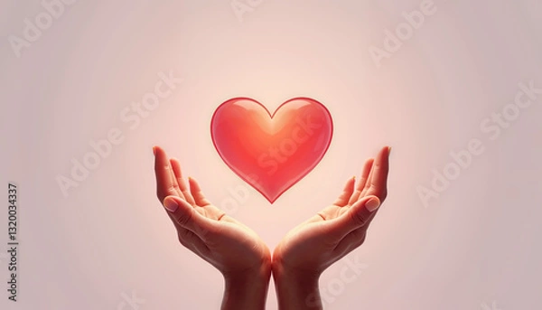 Fototapeta Hands cupping glowing red heart on light background