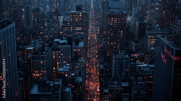 Fototapeta A photo of buildings in NYC, New York City, at dusk and night, with dramatic city views and tons of buildings, gritty, dark, dramatic, high angle view.