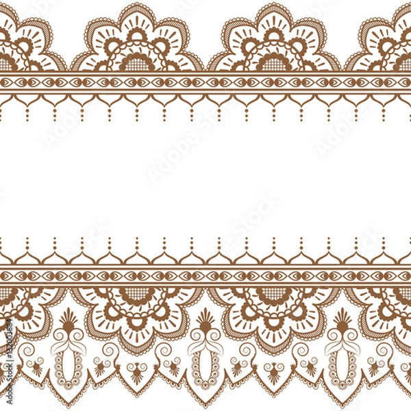 Fototapeta Border brown pattern elements with flowers and lace lines in Indian mehndi style isolated on white background.
