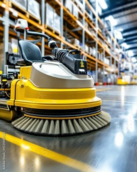 Fototapeta Autonomous scrubber polishing a warehouse loading dock, motion blur of rotating brushes, efficiency in action