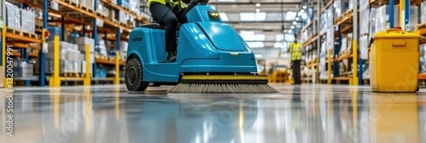 Fototapeta Cleaning crew using a ride-on floor scrubber in a distribution center, reflections on the polished floor, strong symmetry and leading lines