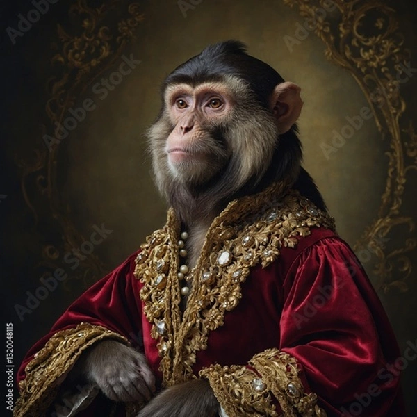 Fototapeta A baroque-style oil painting of a monkey in regal attire