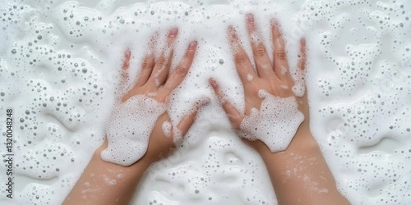 Fototapeta Hands covered in thick white lather, water droplets suspended in mid-air, a perfect depiction of sanitation and freshness