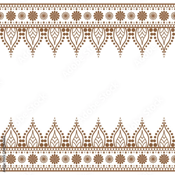 Fototapeta Indian, Mehndi Brown Henna line lace element with circles pattern card for tattoo